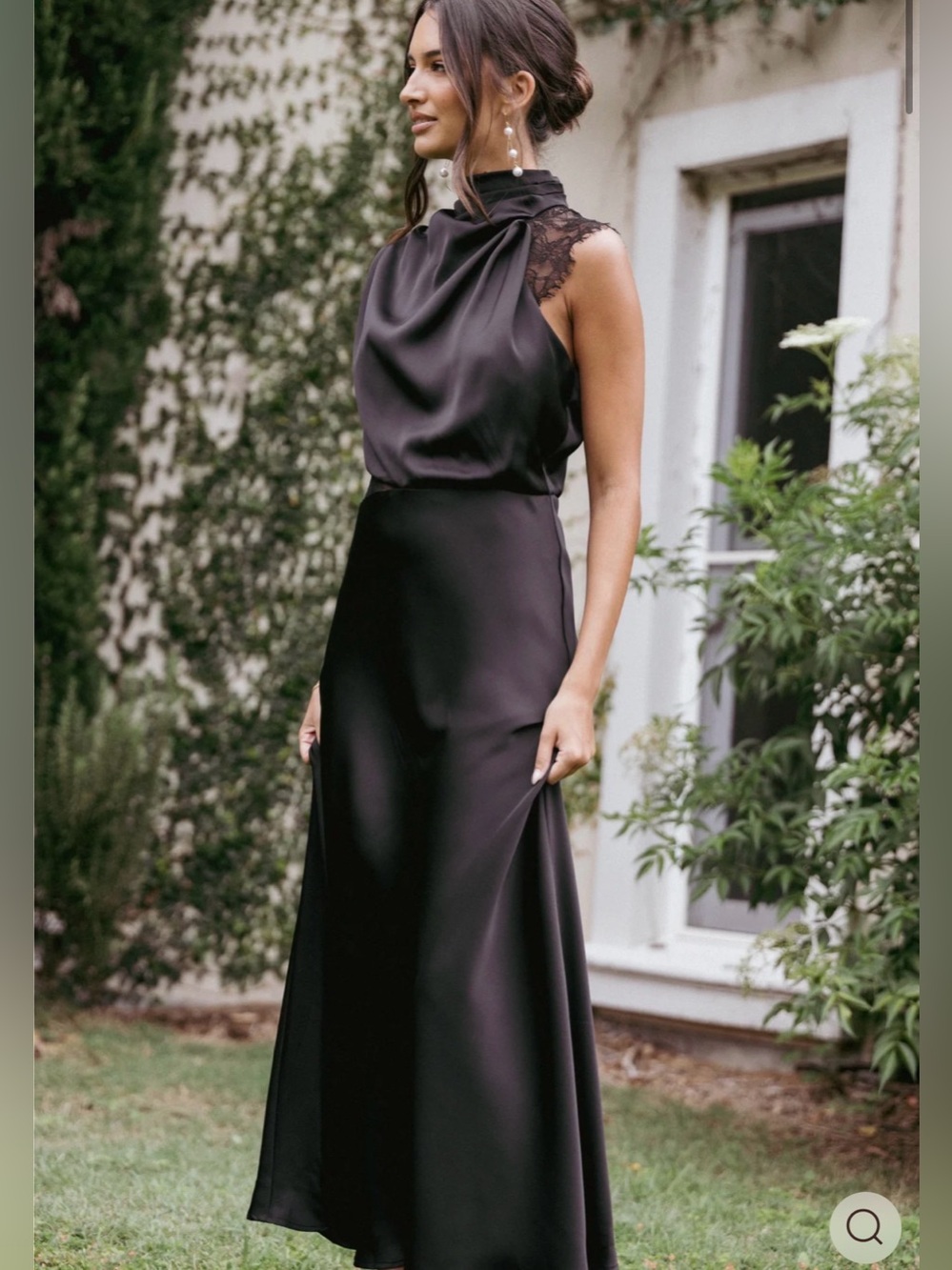 Petal & Pup Anabelle Halter Neck Maxi DressBlack Satin Lace-Trim SweepNeck Dress